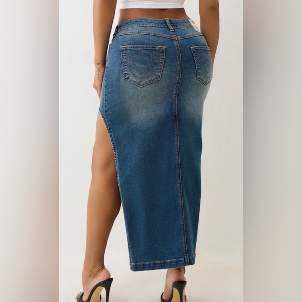 True Religion stretch denim maxi cut out skirt size 27